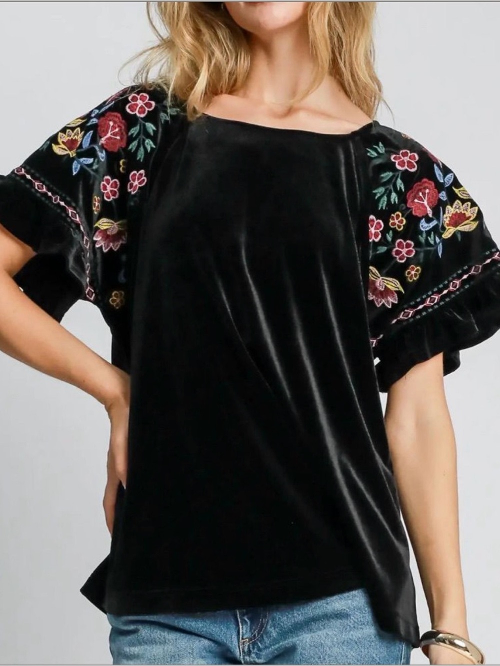 Umgee Black Velvet Top with Colorful Floral Embroidery